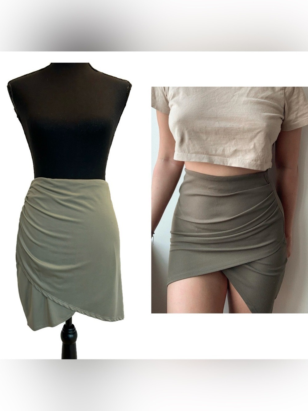 Olive Sage green ruched asymmetrical Wrap Mini Skirt Sz XL